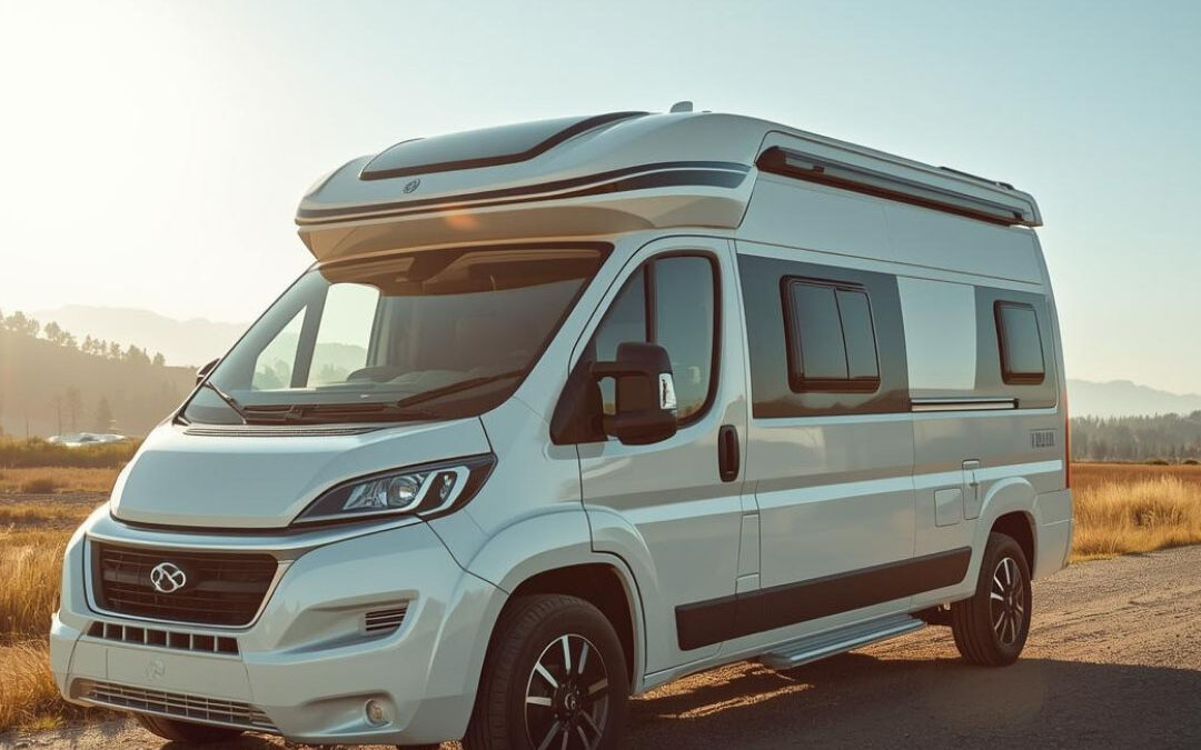 A sleek, high-roof white camper van parked on a dirt roadside during a clear, sunny day